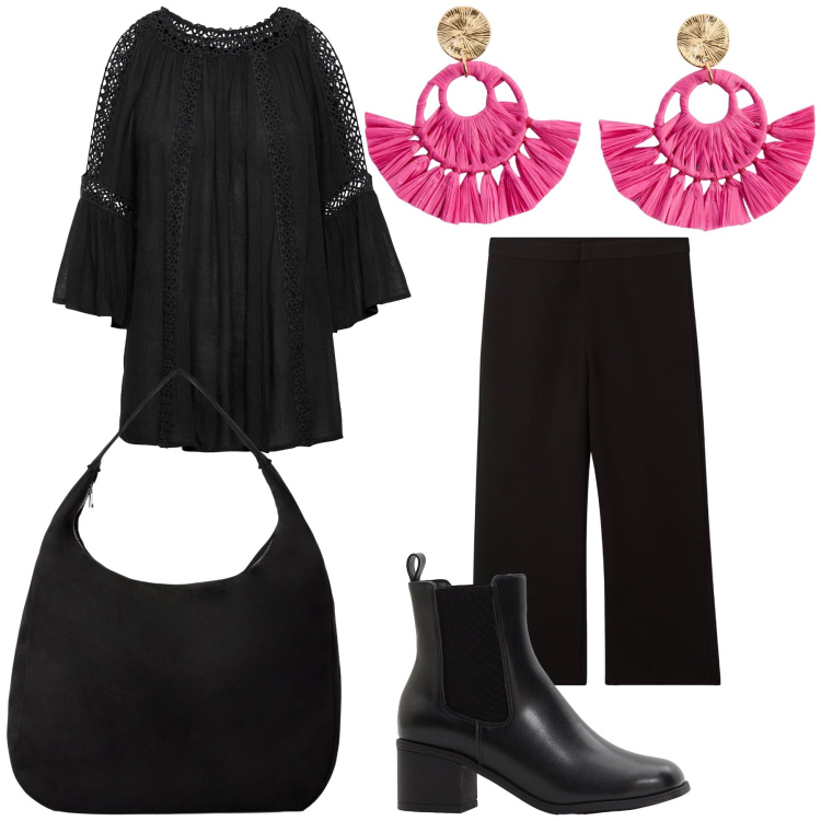 Outfit donna - Boho Halloween. Stile Boho per Serata fuori. Abbinamento con orecchini, tuniche, stivaletti, pantaloni, borse a mano.