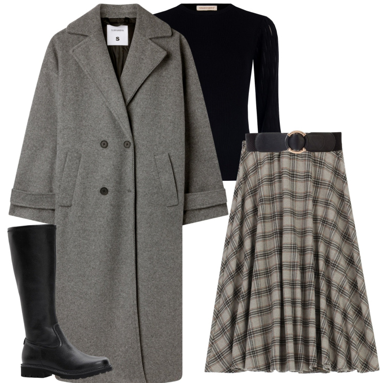 Outfit donna - In città. Stile Urban per Tutti i giorni. Abbinamento con cinture, stivali, cappotti, maglieria, gonne longuette.