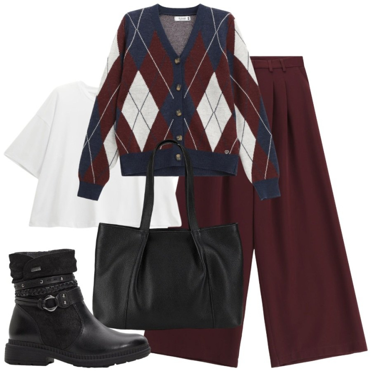 Outfit donna - Arriva novembre. Stile Chic per Tutti i giorni. Abbinamento con shopping bag, stivaletti, pantaloni, cardigans, t-shirt.