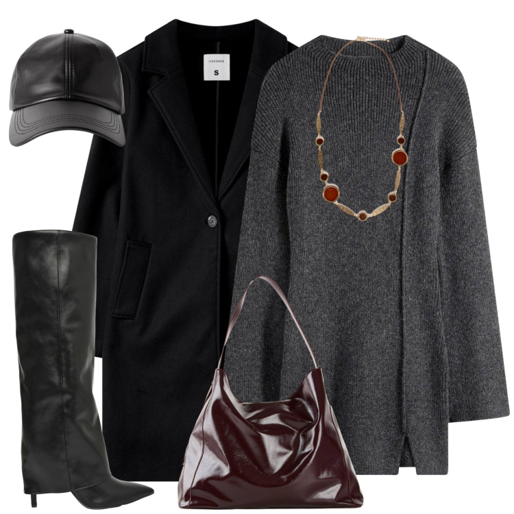 Outfit donna - City. Stile Casual chic per Tutti i giorni. Abbinamento con vestiti corti, shopping bag, cappelli con visiera, cappotti, stivali, collane.