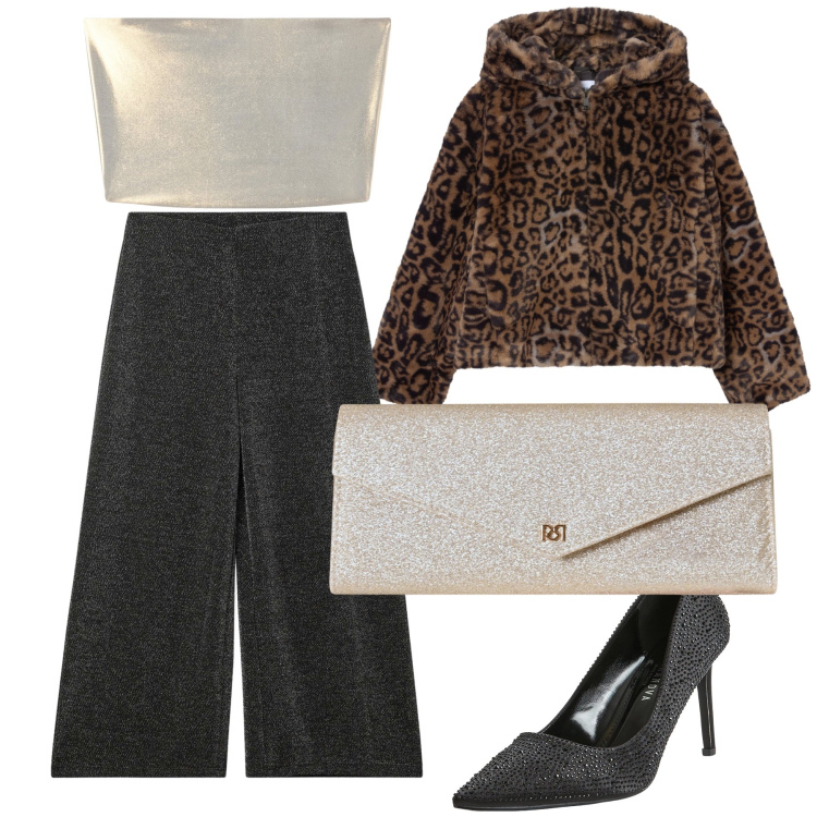 Outfit donna - Evento wow. Stile Glamour per Serata fuori. Abbinamento con décolleté, top, pantaloni culotte, ecopellicce, pochette.