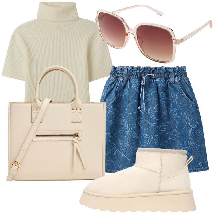 Outfit donna - Preppy and chic. Stile Preppy per Tutti i giorni. Abbinamento con occhiali da sole, shopping bag, maglieria, minigonne, stivaletti.