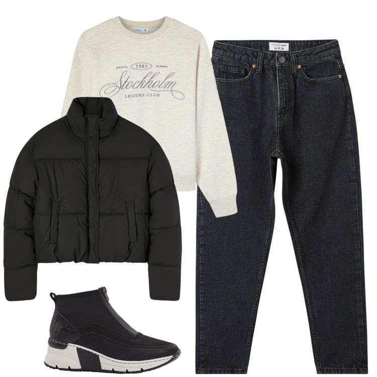 Outfit donna - Ottobre. Stile Casual per Tutti i giorni. Abbinamento con sneakers, jeans mom, felpe, bomber.