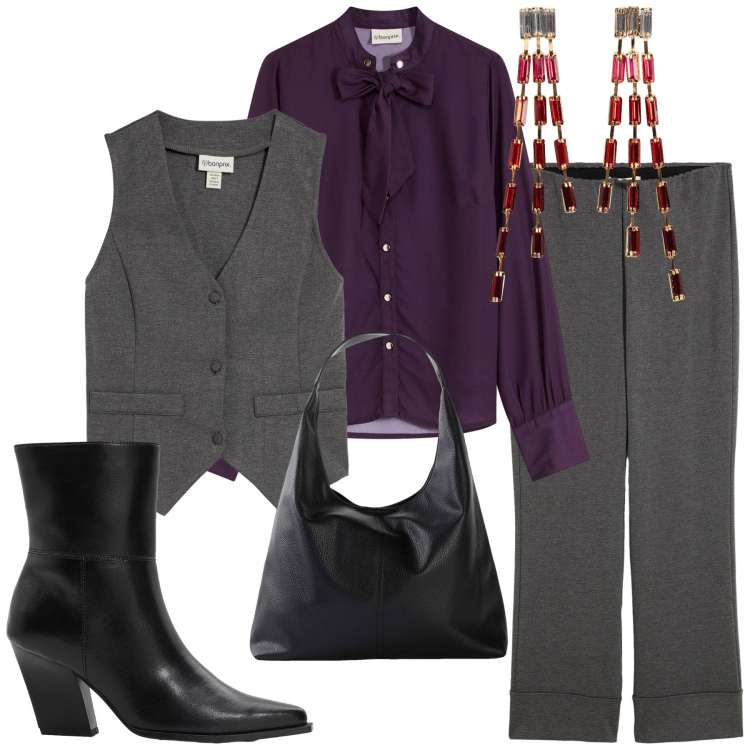 Outfit donna - Total look #2274928. Stile Mannish per Ufficio. Abbinamento con orecchini, shopping bag, camicie, gilet, stivaletti, pantaloni.
