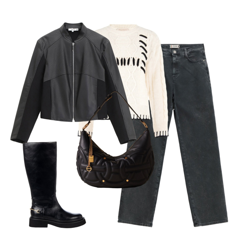 Outfit donna - City. Stile Casual chic per Tutti i giorni. Abbinamento con stivali sopra il ginocchio, maglieria, blazer, jeans dritti, borse a spalla.