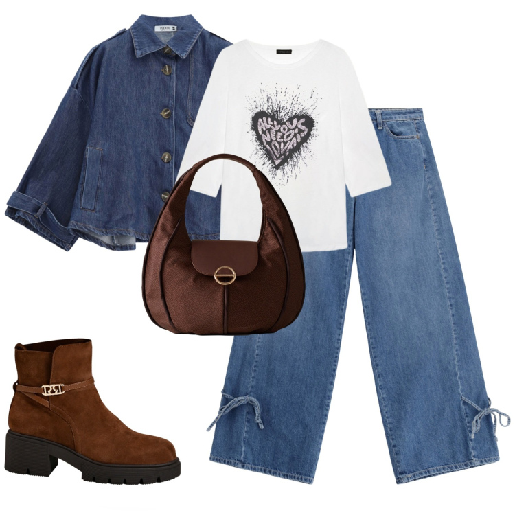 Outfit donna - Denim. Stile Casual chic per Tutti i giorni. Abbinamento con stivaletti, blazer, jeans, borse a spalla, t-shirt.
