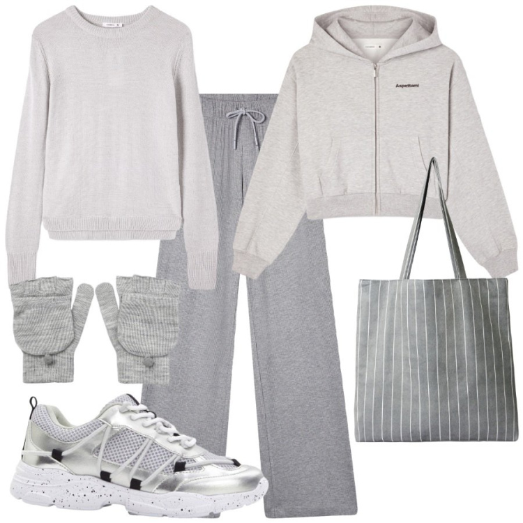 Outfit donna - Camminando tra le foglie. Stile Sporty chic per Sport. Abbinamento con sneakers, maglieria, shopping bag, felpe con cappuccio, pantaloni, guanti.