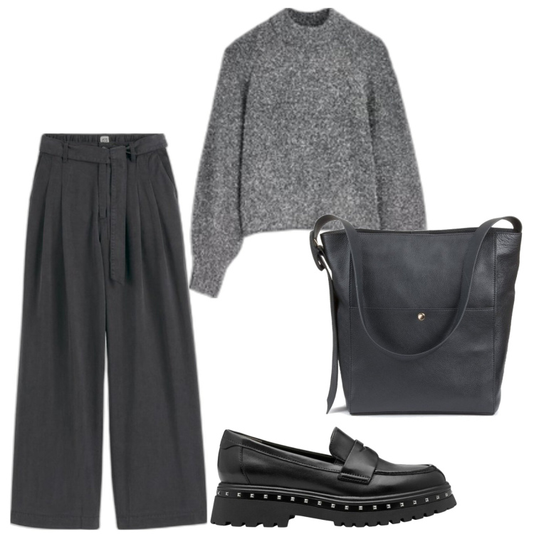 Outfit mujer - Minimal look. Estilo Minimal para Todos los días. Combinación con bolsos de mano, mocasines, prendas de punto, pantalones.