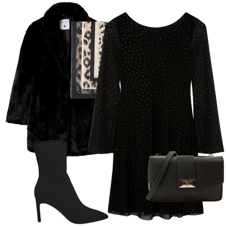 Outfit donna - Black. Stile Minimal per Tutti i giorni. Abbinamento con vestiti corti, cappotti, stivali, borse a tracolla, foulard.