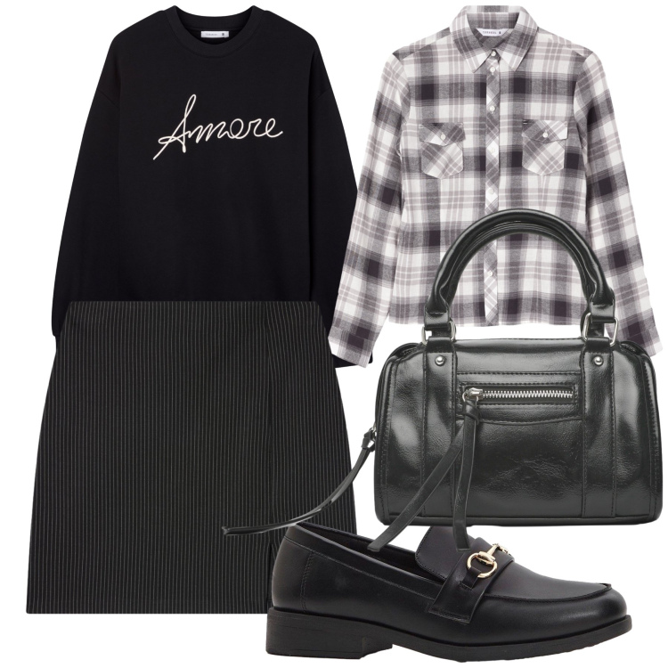 Outfit donna - Every day Love. Stile Basic per Tutti i giorni. Abbinamento con mocassini, borse a mano, minigonne, felpe, camicie.