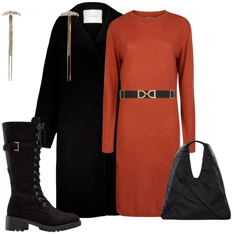 Outfit donna - Doppelganger. Stile Urban per Tutti i giorni. Abbinamento con stivali, cinture, orecchini, vestiti midi/longuette, cappotti, shopping bag.