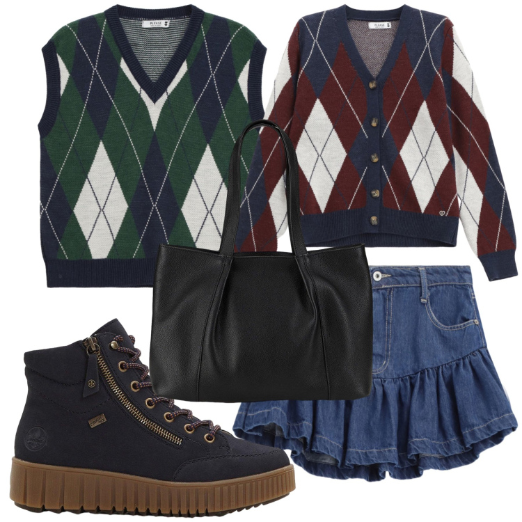 Outfit donna - Quasi gemelli. Stile Preppy per Tutti i giorni. Abbinamento con shopping bag, sneakers alte, cardigans, minigonne, gilet.