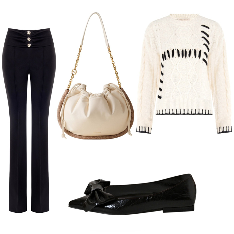 Outfit donna - Nero e panna. Stile Casual per Tutti i giorni. Abbinamento con ballerine, maglieria, pantaloni, borse a spalla.