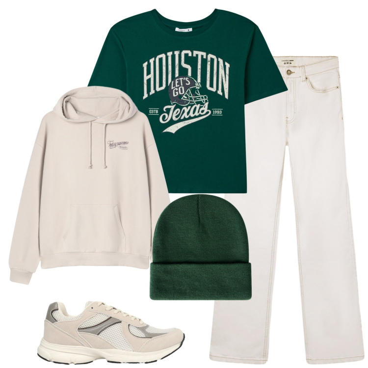 Outfit donna - Total look #2274962. Stile Casual per Tutti i giorni. Abbinamento con t-shirt, jeans bootcut, sneakers, berretti, felpe con cappuccio.