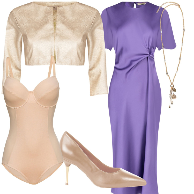 Outfit donna - Scaramanzia alla cerimonia. Stile Chic per Cerimonia. Abbinamento con body, vestiti midi/longuette, bolero, décolleté, ciondoli.