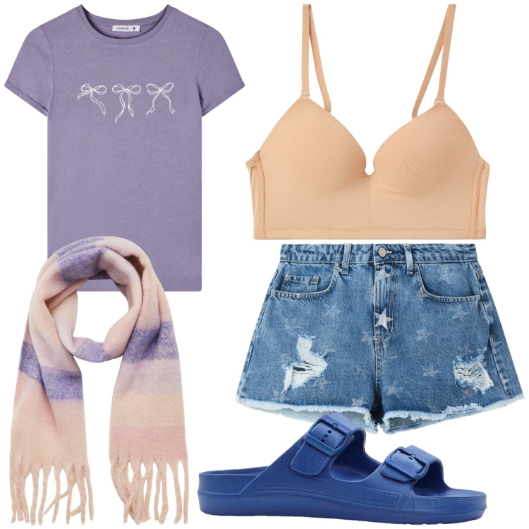 Outfit donna - Warm home. Stile Basic per Tutti i giorni. Abbinamento con ciabatte, sciarpe, reggiseni push-up, shorts, t-shirt.