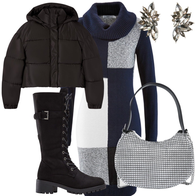 Outfit donna - Ufficio caldo e brillante. Stile Urban per Ufficio. Abbinamento con vestiti midi/longuette, stivali, orecchini, borse a spalla, bomber.