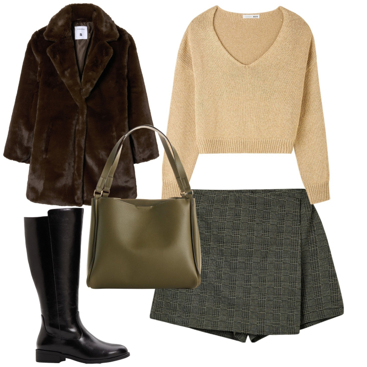 Outfit donna - Total look #2274967. Stile Urban per Tutti i giorni. Abbinamento con borse a mano, stivali, maglieria, minigonne, cappotti.