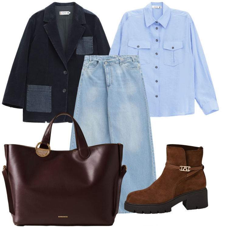 Outfit donna - Grande borsa da lavoro. Stile Casual chic per Ufficio. Abbinamento con stivaletti, jeans, camicie, blazer, shopping bag.