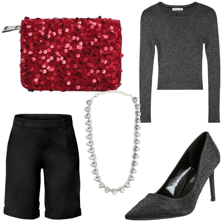 Outfit donna - W gli strass!. Stile Chic per Serata fuori. Abbinamento con bermuda, collane, décolleté, maglieria, portafogli.
