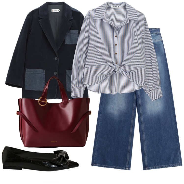 Outfit donna - I love jeans. Stile Casual chic per Tutti i giorni. Abbinamento con ballerine, jeans, camicie, blazer, shopping bag.