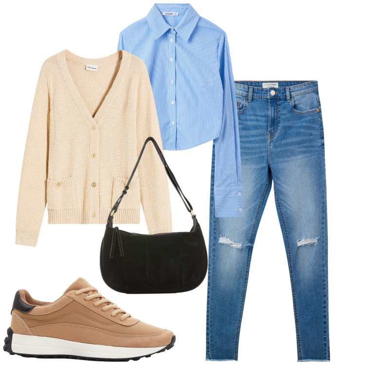 Outfit donna - Total look #2274975. Stile Casual per Tutti i giorni. Abbinamento con sneakers, borse a mano, cardigans, jeans strappati, camicie.