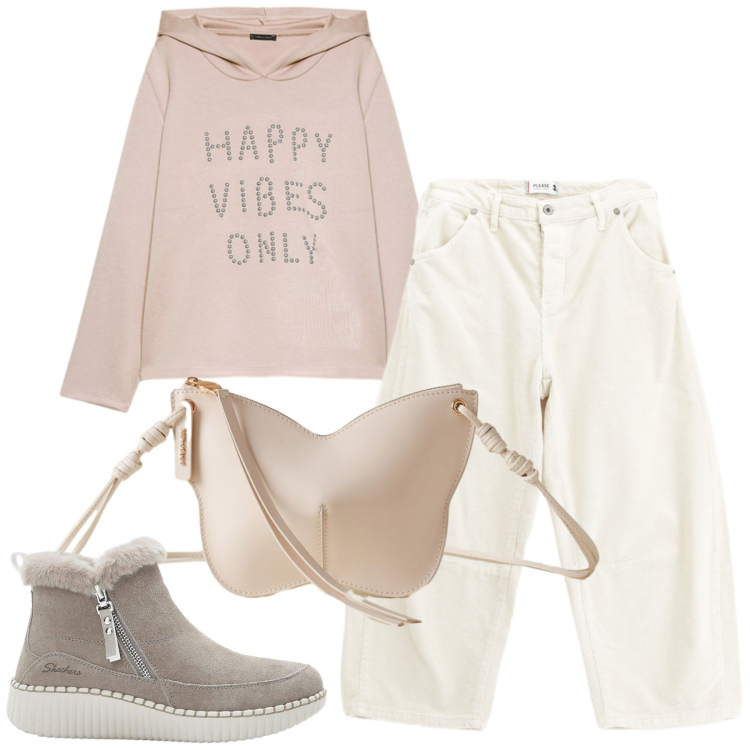 Outfit donna - Pensiero positivo. Stile Sporty chic per Tutti i giorni. Abbinamento con stivaletti, pantaloni, borse a tracolla, felpe con cappuccio.