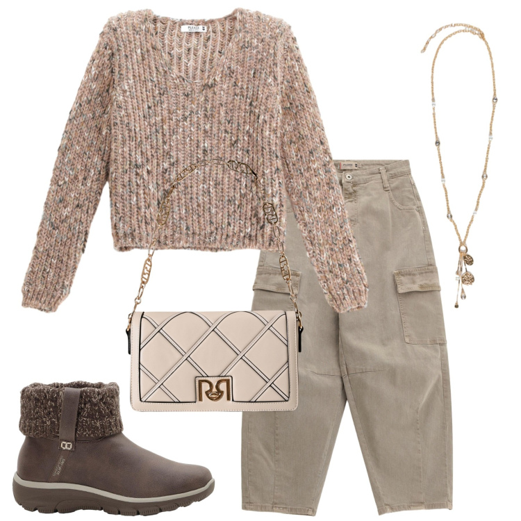 Outfit donna - Voglia di morbidezza. Stile Casual per Tutti i giorni. Abbinamento con stivaletti, borse a tracolla, pantaloni chino, maglieria, ciondoli.