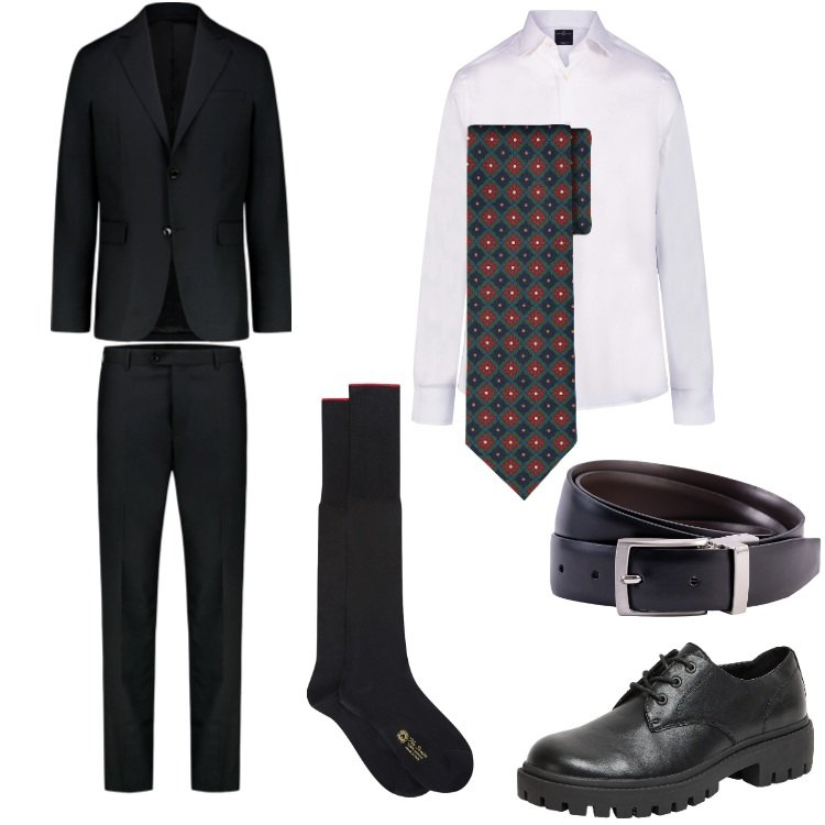 Outfit uomo - L\'abito nero sempre attuale. Stile Business/Elegante per Serata speciale. Abbinamento con scarpe stringate, camicie, cinture, calzini, abiti, cravatte.