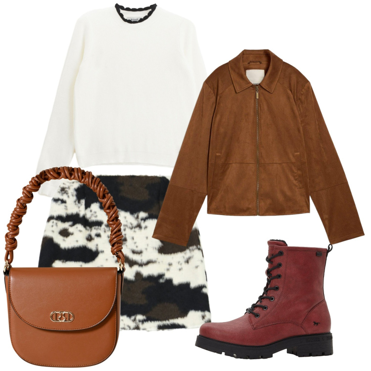 Outfit donna - Ottobre chic. Stile Chic per Tutti i giorni. Abbinamento con blazer, stivaletti, borse a mano, pullovers, minigonne.