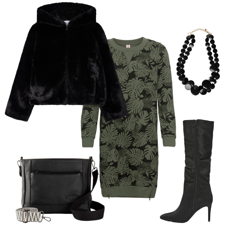 Outfit donna - Autunno. Stile Urban per Tutti i giorni. Abbinamento con vestiti, borse a tracolla, stivali, ecopellicce, collane.