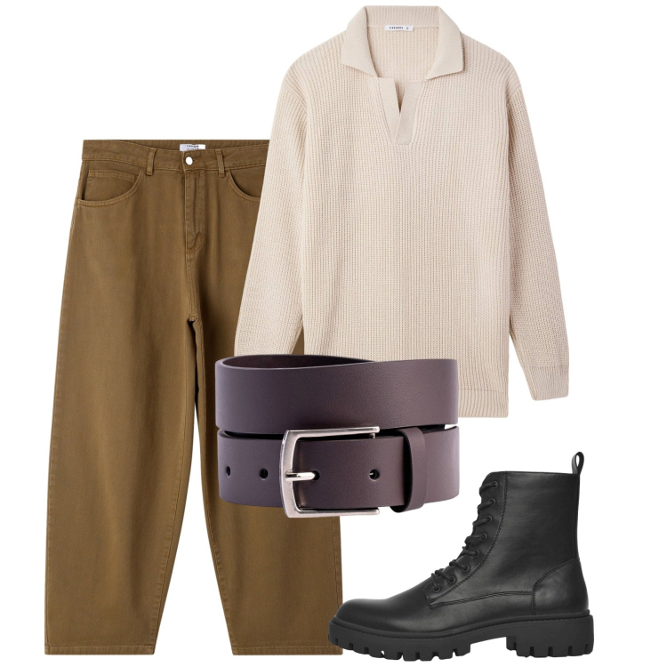 Outfit uomo - Autunno. Stile Casual per Tutti i giorni. Abbinamento con anfibi, jeans, maglieria, cinture.