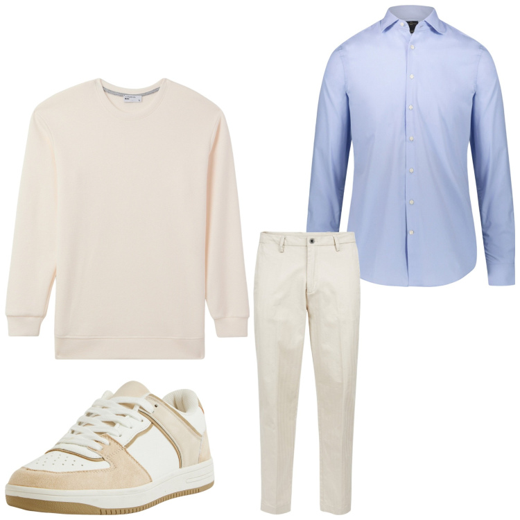 Outfit uomo - Ottobre. Stile Casual per Ufficio. Abbinamento con sneakers, maglieria, camicie, pantaloni.