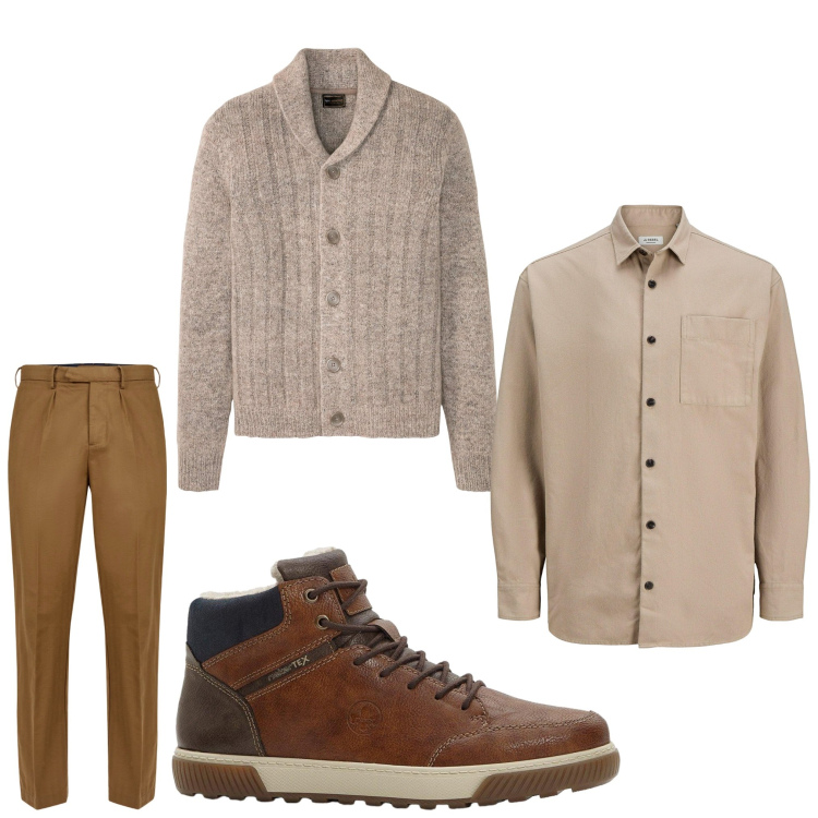 Outfit uomo - Autunno in ufficio. Stile Business/Elegante per Tutti i giorni. Abbinamento con sneakers alte, cardigans, camicie, pantaloni.