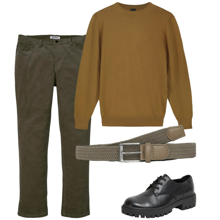 Outfit uomo - Ottobre. Stile Casual per Tutti i giorni. Abbinamento con pantaloni, scarpe stringate, cinture, maglieria.