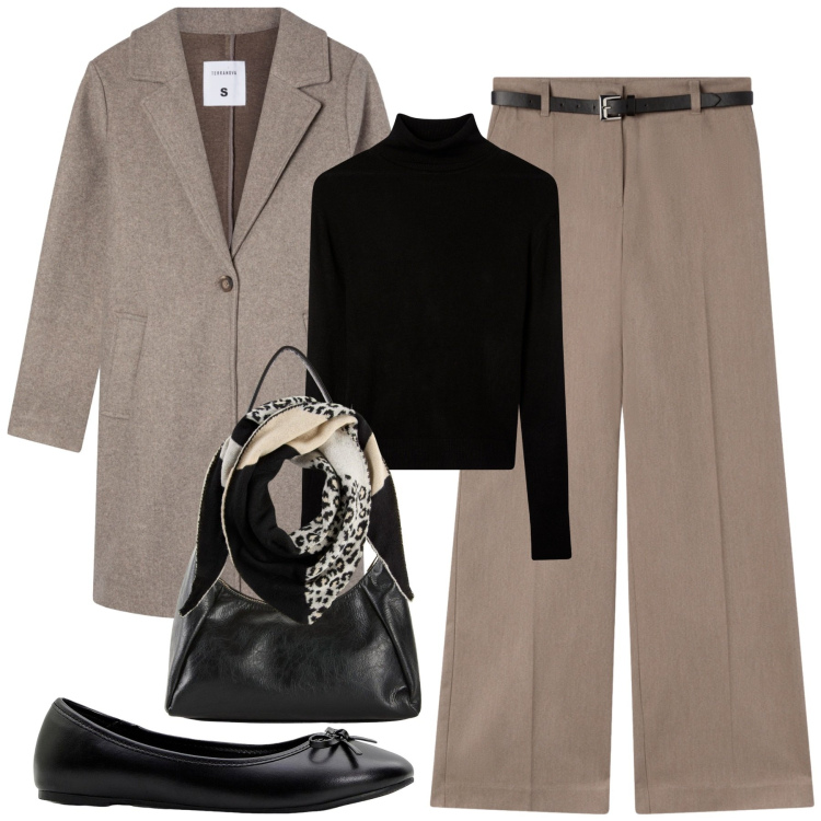 Outfit donna - In ufficio. Stile Casual chic per Ufficio. Abbinamento con ballerine, borse a mano, foulard, pantaloni, maglieria, cappotti.