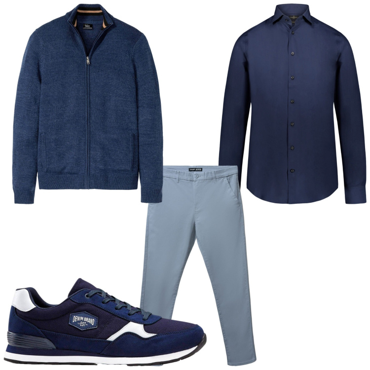Outfit uomo - Blu. Stile Casual per Tutti i giorni. Abbinamento con cardigans, sneakers, pantaloni chino, camicie.