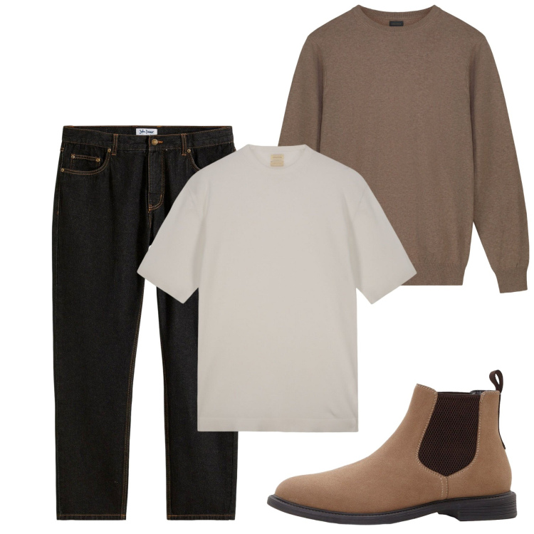 Outfit uomo - Ottobre. Stile Casual per Tutti i giorni. Abbinamento con jeans dritti, stivali e stivaletti, t-shirt, maglieria.