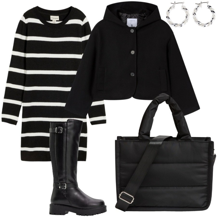 Outfit donna - L\'abito maglione. Stile Casual per Tutti i giorni. Abbinamento con orecchini, stivali, vestiti, shopping bag, caban.