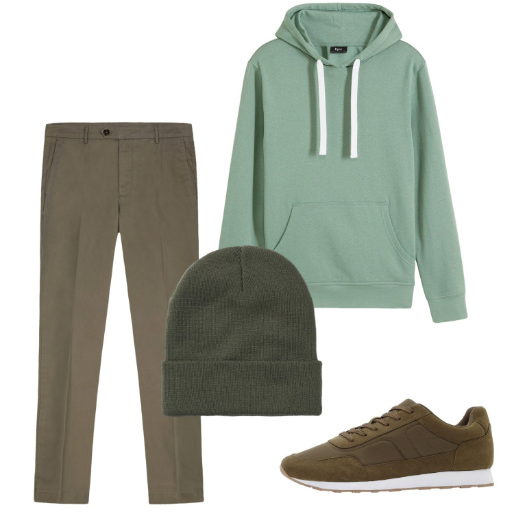 Outfit uomo - Ottobre. Stile Casual per Tutti i giorni. Abbinamento con felpe con cappuccio, sneakers, berretti, pantaloni chino.