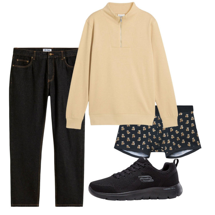 Outfit uomo - Ottobre. Stile Casual per Tutti i giorni. Abbinamento con jeans dritti, sneakers, felpe, boxer.