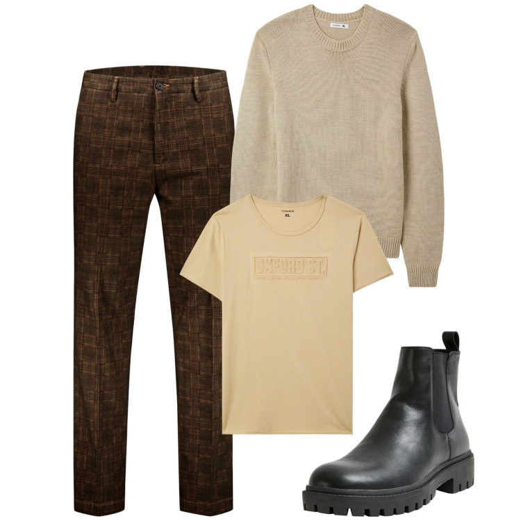 Outfit uomo - Ottobre. Stile Casual per Tutti i giorni. Abbinamento con t-shirt, stivali e stivaletti, maglieria, pantaloni.