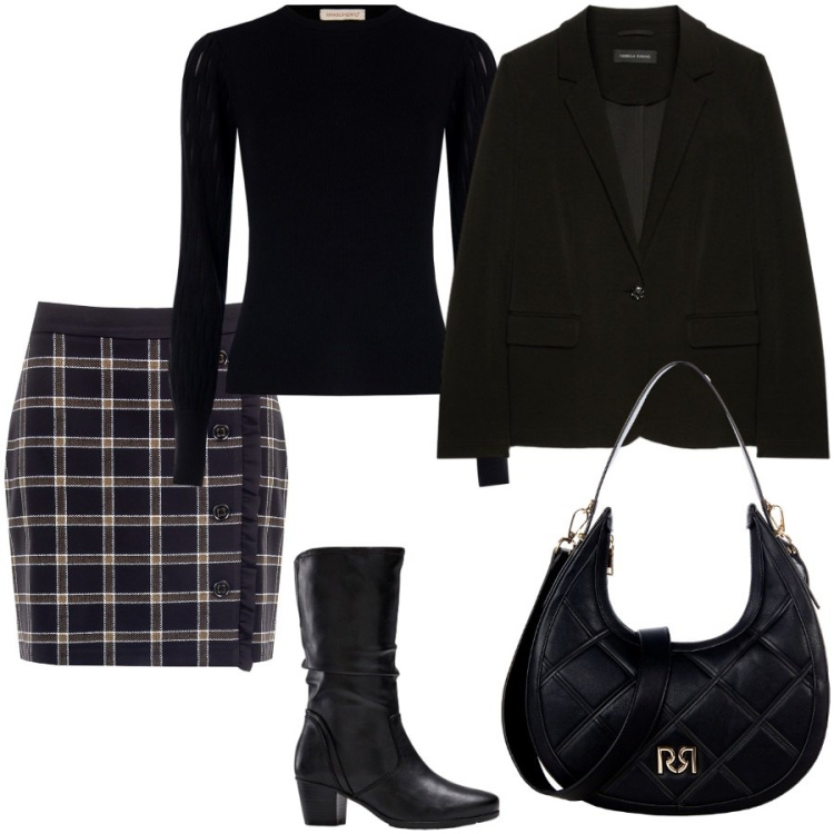 Outfit donna - Pizza time. Stile Casual chic per Serata fuori. Abbinamento con stivali, borse a tracolla, maglieria, minigonne, blazer.