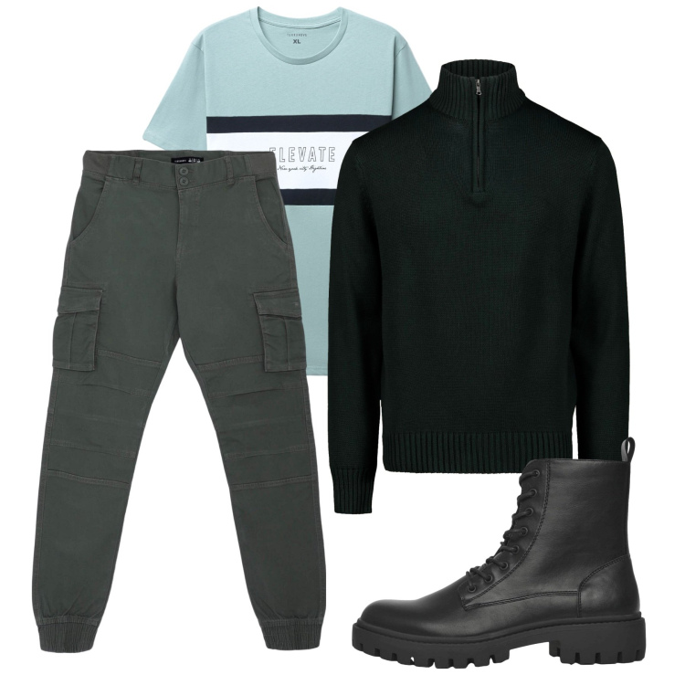 Outfit uomo - Verso il freddo. Stile Casual per Tutti i giorni. Abbinamento con pantaloni cargo, anfibi, t-shirt, maglieria.