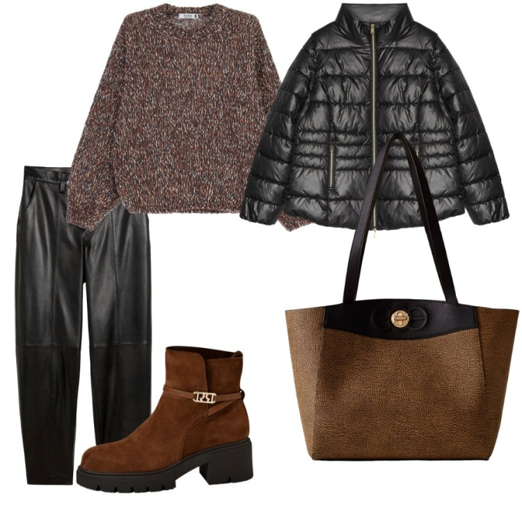 Outfit donna - Il calore di un maglione. Stile Casual chic per Ufficio. Abbinamento con pantaloni, stivaletti, maglieria, shopping bag, piumini.