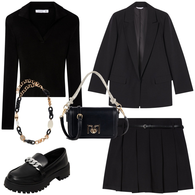 Outfit donna - Il potere del nero. Stile Preppy per Tutti i giorni. Abbinamento con maglieria, blazer, mocassini, minigonne, borse a mano, collane.