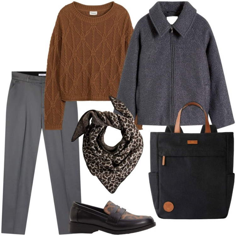 Outfit donna - Animalier a piccole dosi. Stile Casual per Ufficio. Abbinamento con zaini, blazer, mocassini, maglieria, sciarpe, pantaloni chino.