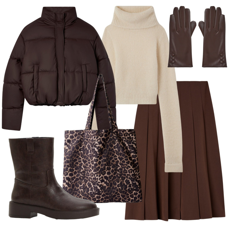 Outfit donna - Inverno cioccolato. Stile Casual per Tutti i giorni. Abbinamento con stivaletti, gonne lunghe, shopping bag, maglieria, bomber, guanti.