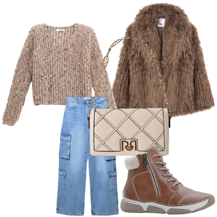 Outfit donna - Tempo di pelliccia. Stile Glamour per Scuola/Università. Abbinamento con stivaletti, ecopellicce, jeans, borse a tracolla, maglieria.
