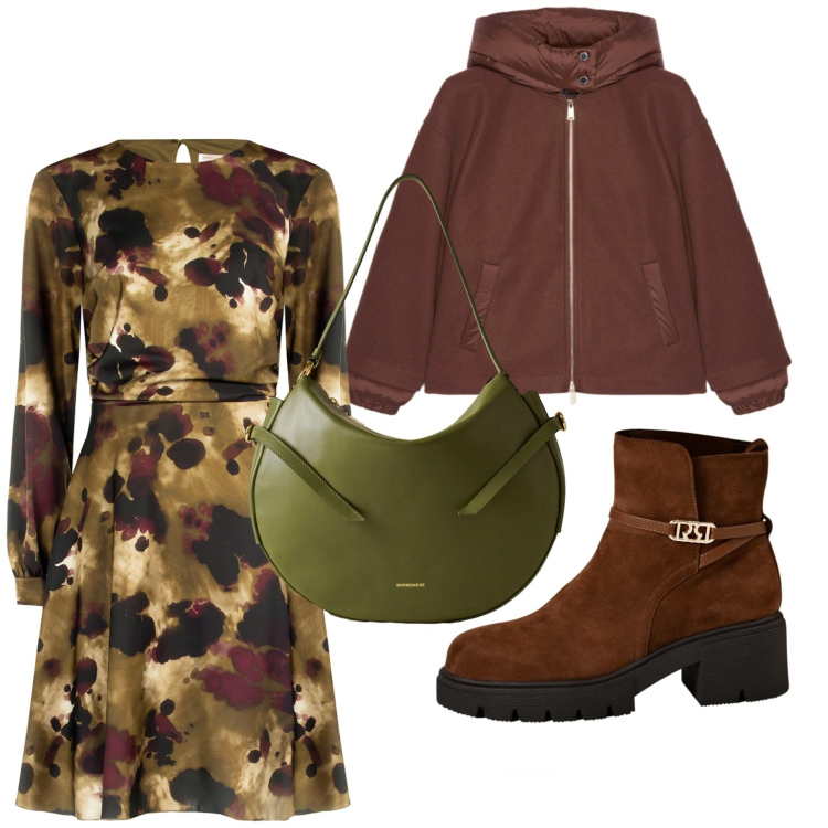 Outfit donna - Abito fantasy. Stile Glamour per Tutti i giorni. Abbinamento con stivaletti, vestiti midi/longuette, borse a spalla, bomber.